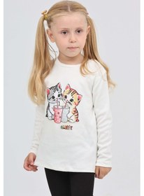 Resim Toontoy Kız Çocuk İkili Kedi Baskılı Sweatshirt Ekru 