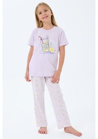 Resim Rolypoly 3776 %100 Pamuk Kız Çocuk Kısa Kol Cepli Pijama Takımı Lila 