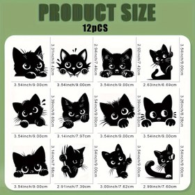 Resim 12 Adet Sevimli Siyah Kedi Transfer Çıkartmaları - Ütüleme Gerektirmeyen, Yıkanabilir DIY Aplikeler, Tişörtler, Çantalar, Maskeler ve Kotlar İçin - Kedi Severler & El İşi Projeleri için Mükemmel, Kedi Stickerları, Kumaş Dekorasyonu, Eğlenceli Hayvan Grafikleri, Kolay Uygulanır 