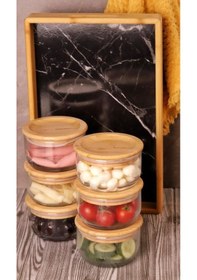 Resim Bambum Duo 300ml 6'lı Siyah Tepsili Bambu Kapaklı Cam Kahvaltılık 