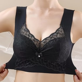 Resim Plus Beden Dantel Detaylı ve Fiyonklu Kablosuz Push-Up Sütyen - Yüksek Destekli Çıkarılmaz Dolgulu Göğüsler, Yumuşak Açık Mavi Günlük Rahat Uyku Giyimi & Ev Kıyafeti İçin Şık Lingerie, Zarif Tasarım 