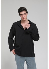 Resim R-3575 Apaş Yaka Uzun Kollu Aerobin Kumaş Oversize Gömlek - SİYAH Siyah 