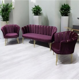 Resim Bordo Kumaş Gümüş Metal Ayak - Balkon Ofis Bekleme Çay Seti Koltuk Takımı Bordo 