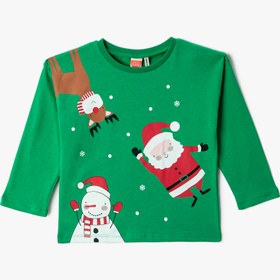Resim Erkek Bebek Yılbaşı Temalı Noel Baba Baskılı Tişört Uzun Kollu Bisiklet Yaka 