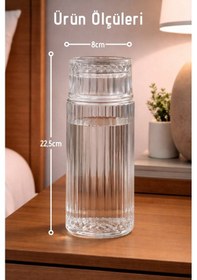 Resim El Yapımı Cam, Linea Modelli Başucu Sürahisi - 730ml. Bardaklı Sürahi 
