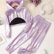 Resim Kızlar için Pembe Kapüşonlu Eşofman Takımı - Iridisent Kaplama, Polyester Karışımı, Rahat Stil ile Normal Kalıp için Sonbahar/Kış - Ceket ve Pantolon dahil, Sonbahar Kış Kıyafetleri, Dış Mekan için 