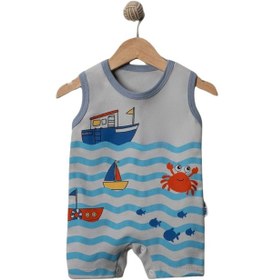 Resim Okyanus Baskılı Yazlık Erkek Tulum Mavi 