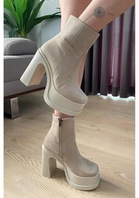 Resim Kadın Krem Süet 12 Cm Platform Topuklu Fermuarlı Bot Krem 