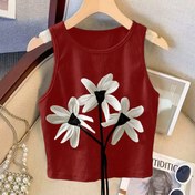 Resim Kadınlar için Rahat Çiçek Desenli Kolsuz Atlet - Canlı Kırmızı ile Beyaz Papatya Aplikasyonu, Yuvarlak Yaka, Hafif Polyester Yaz Stili için, Çiçek Desenli Atlet 