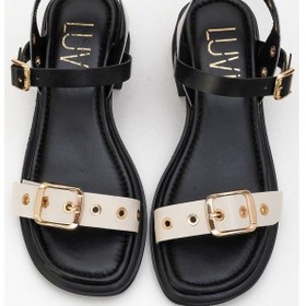 Resim Luvishoes Rabel Siyah-bej Hakiki Deri Tokalı Kadın Kalın Topuklu Sandalet Siyah - Bej 