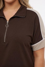 Resim Kadın Büyük Beden Kısa Kollu Yarım Fermuarlı Garnili Eşofman Takımı 8261-26 - Bordo / 5XL 