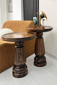 Resim ASELYA HOME Ahşap 2’li Set Mantar Yan Sehpa Modern Ceviz Renk Fiskos Zigon Çiçeklik 