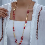 Resim Geometrik şekillerle süslenmiş Bohem tarzı uzun kolye, tatil ilhamlı moda takı aksesuarı 