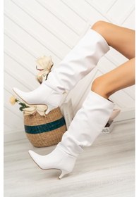 Resim Sr-2001 Beyaz Körüklü İnce Topuklu Günlük Bayan Çizme Sarı - Siyah 