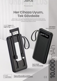 Resim Jopus 10000mAh Powerbank Dahili Kablolu, LCD Ekranlı, LED Lambalı, Taşınabilir Şarj Cihazı Siyah JP-P11 