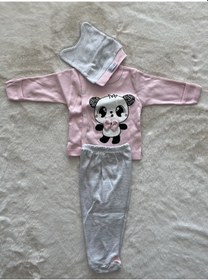 Resim Papyonlu Panda Üçlü Zıbın Takım Pembe 