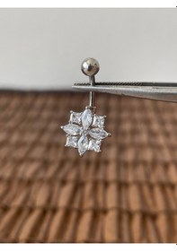 Resim 316 L Cerrahi Çelik Anti Alerjik Çiçek Kuzey Yıldızı Parlak Zirkon Taşlı Göbek Piercingi Gümüş 