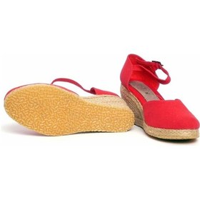 Resim Dolgu Topuk Keten Ön Arka Düz Sandalet Kırmızı Kırmızı 1236 