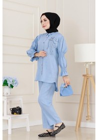 Resim Önü Taşlı Kolu Lastikli İkili Takım-bebe Mavi-5099 Bebe Mavi 