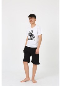 Resim Akbeniz Erkek Genç Garson Boy Kısa Kol Beyaz Penye Şortlu Pijama Takımı 20377 