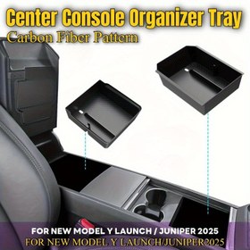 Resim 2025/2026 Tesla Model Y & 2025/2024 Model 3 (Juniper & Highland) İç Konsol Organizatör Tepsisi (Karbon Fiber Desen) - Kablo Yönetimli Depolama Kutusu, Kol Dayama Organizatörü, Şık Tasarım, Islak Mendil Temizleme, Sentetik Taşlı Merkez Konsol Aksesuarı 