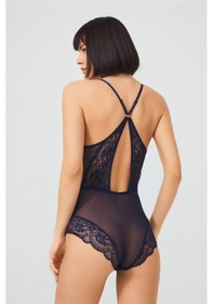 Resim Cottonhill Lacivert Çıtçıtlı Dantelli Transparan Sırt Çapraz İpli Bodysuit Lacivert 