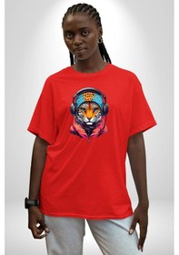 Resim Kulaklık Kedi Leopar Bandana Pamuklu Bisiklet Yaka Unisex Oversize Boyfriend Dijital Baskılı Kırmızı T-shirt Kırmızı 
