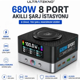 Resim UltraTekno WLX-R8A 680W Gan 8 Port Pd 3.1 Hızlı Şarj Istasyonu Kablosuz Şarj Destekli USB Type-C Laptop Telefon Tablet Şarj Cihazı 