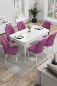 Resim Canisa Concept Rio Serisi 80x132 Açılabilir Mdf Mutfak Masası Takımı Beyaz Masa 6 Mor Sandalye 