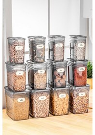 Resim Vienev Strip Etiketli Mega Boy Erzak Saklama Kabı Seti Antrasit 4x 1.25 L + 2 L + 3.5 L 12'li 