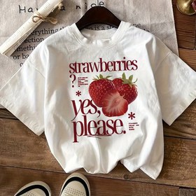 Resim Kadınlar İçin Siyah Kısa Kollu Crew Neck Tişört - Çilek & "Çilekler? Evet Lütfen!" Baskılı, Yumuşak Nefes Alabilen Kumaş, Makinede Yıkanabilir, Yazlık İlkbahar Üstü, Eğlenceli Tasarım, Rahat Kesim 