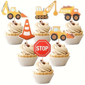 Resim 12 adet İnşaat Kupla Toppers Durdurma İşareti Kova Kamyon Kazıcı Traktör Parti Kek Toppers Seçimler Dekorasyonlar İnşaat Temalı Bebek Duşu Doğum Günü Partisi Malzemeleri Tam Ürün Halloween, Noel Etkinliği ve Parti Malzemeleri için 