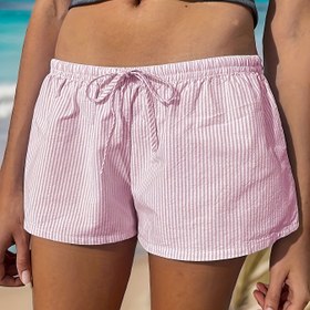 Resim Kadınların Y2K ilhamlı pembe çizgili düşük bel bağcıklı şortları - Yaz plaj tatilleri için ideal hafif polyester, rahat giyim şortları|Trendy Kadın Şortları|Esnek Olmayan Kumaş 
