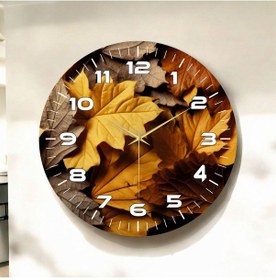 Resim Sarı Kahve Renkli Yaprak Baskı Desenli Sayılı Hediyelik Ahşap Sessiz Duvar Saati 50cm ÇOk Renkli 