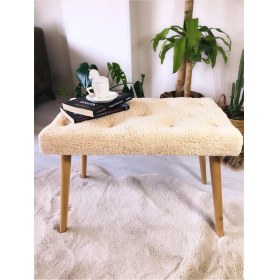 Resim Web Panya Webpanya Gürgen Ahşap Ayak Krem Teddy Kumaş Pofidik Bench Puf Tabure 