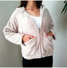 Resim Yumuşacık Peluş Kapşonlu Fermuarlı Sweatshirt Hırka Taş Renk Çok Renkli 
