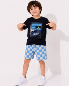 Resim Cg Kids Palmiye Baskılı Siyah T-shirt Ve Damalı Şortlu Erkek Çocuk Alt Üst Takım - Pamuklu Yazlık Ço 