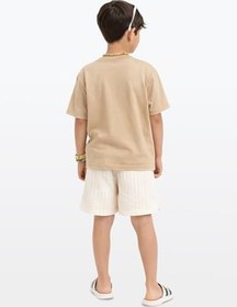 Resim Erkek Çocuk Takım Yaz Baskılı%100 Pamuk T-Shirt Çizgili Dokuma Şort Yazlık Takım 