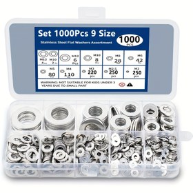 Resim 1000 Adet Sağlam Düz Pul - Ticari/Kişisel Kullanım, Şeffaf Saklama Kutusunda Düzenli - M2-M12 Vidalarla Uyumlu Otomotiv, Denizcilik, Mobilya, Elektrik ve DIY Projeleri İçin Dayanıklı Bağlantı Parçaları, Bölmeli Depolama 