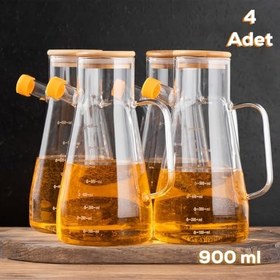 Resim Porsima 401275 4'lü Alisa Bambu Kapaklı Borosilikat Ölçekli Cam Yağlık Silikon Tabanlı Yağdanlık 800 Ml 