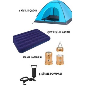 Resim 6 Kişilik Kamp Çadırı Çift Kişilik Yatak Kamp Lambası Kamp Seti Mavi 