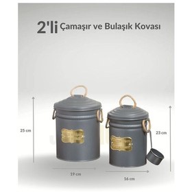 Resim 2'li Set Deterjan Kovası Çamaşır Bulaşık Kutusu Ölçekli Galvaniz Metal Antrasit Antrasit 
