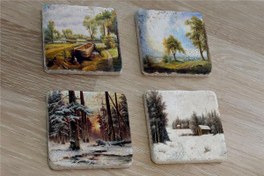 Resim Doğa ve Orman Manzarası Doğal Taş Bardak Altlığı 4'lü set - Natural Stone Coasters 