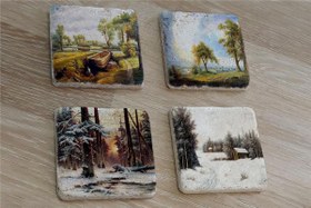 Resim Doğa ve Orman Manzarası Doğal Taş Bardak Altlığı 4'lü set - Natural Stone Coasters 