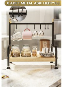 Resim Masaüstü Mutfak Rafı Düzenleyici Kahve Fincanı Kupa Bardak Askısı 6 Kancalı Ahşap Raf Organizer 