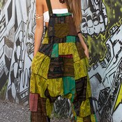Resim Patchwork Baskılı Tulum, Vintage Bol Tulum, Kadın Giyim 