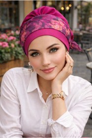 Resim Aişe tesettür Fuşya Çiçek Desen Bantlı Bone 