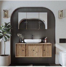 Resim Oval Lavabolu Mat Mdf 120 Cm Banyo Alt Dolabı + Aynalı Dolap Atl Atlantik Çam 