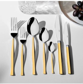 Resim Nehir Zarif Altın Sade 12 Kişilik 84 Parça Kutulu Çatal Kaşık Bıçak Takımı Altın 