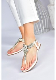 Resim Fox Shoes Beyaz Taşlı Parmak Arası Kadın Sandalet M272006009 